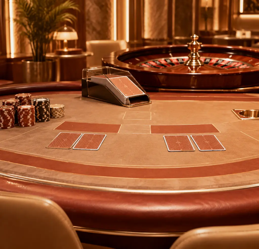 Ilustrasi kasino: meja baccarat dan roda roulette
