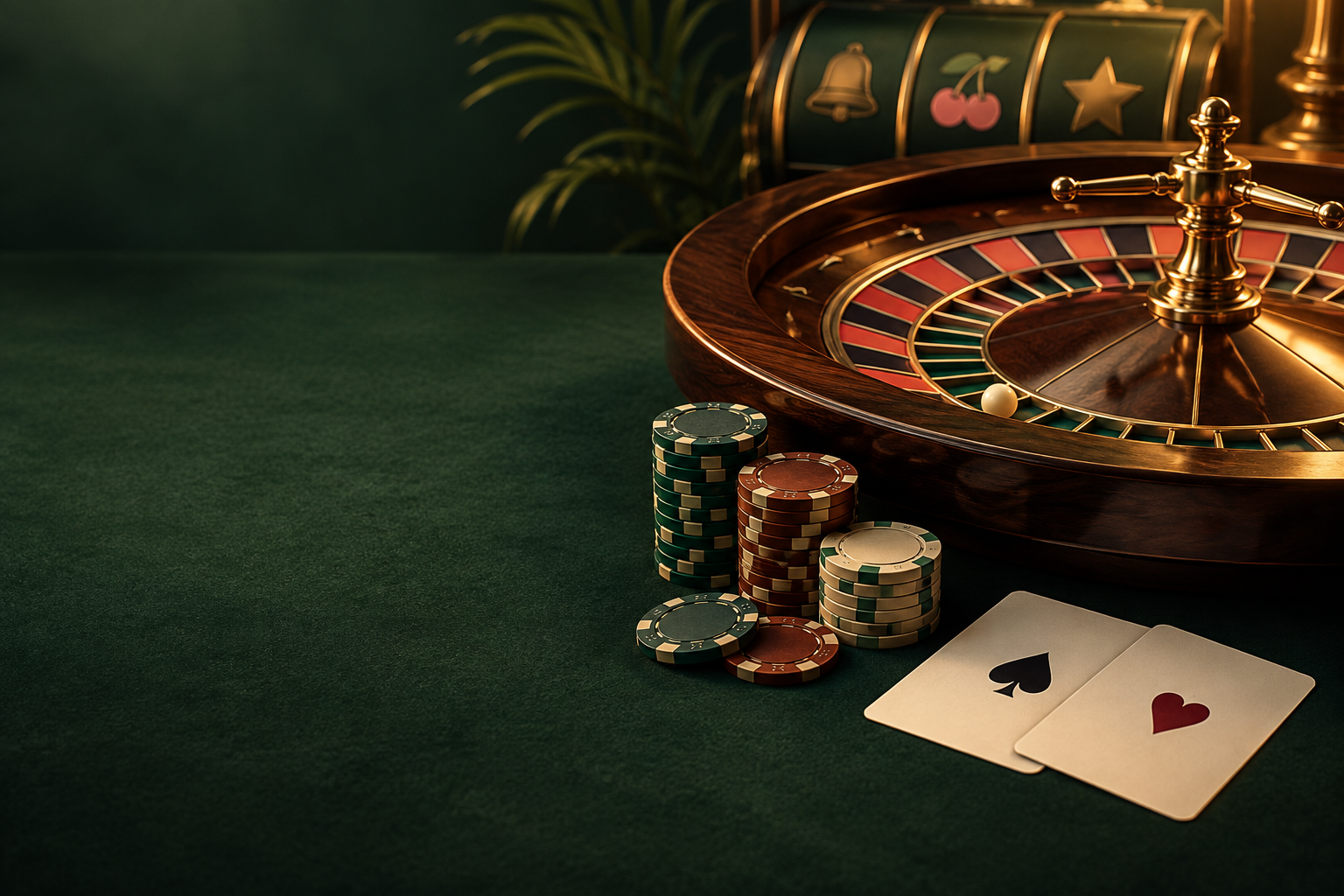 Ilustrasi kasino dengan roda roulette, kartu, dan cip bernuansa tembaga